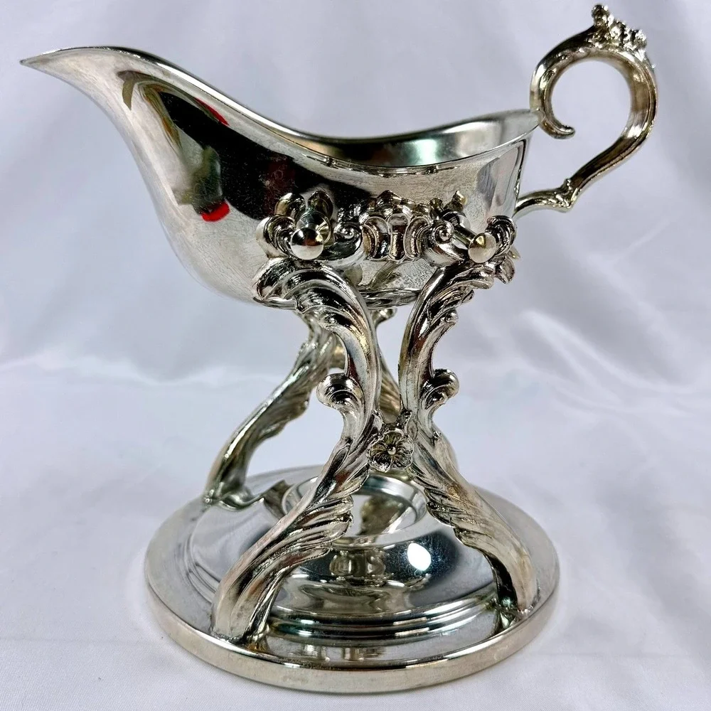 Vintage Ornate Silver Plate Tilting Gravy Boat w/ Rococo Scroll Stand Bridgerton